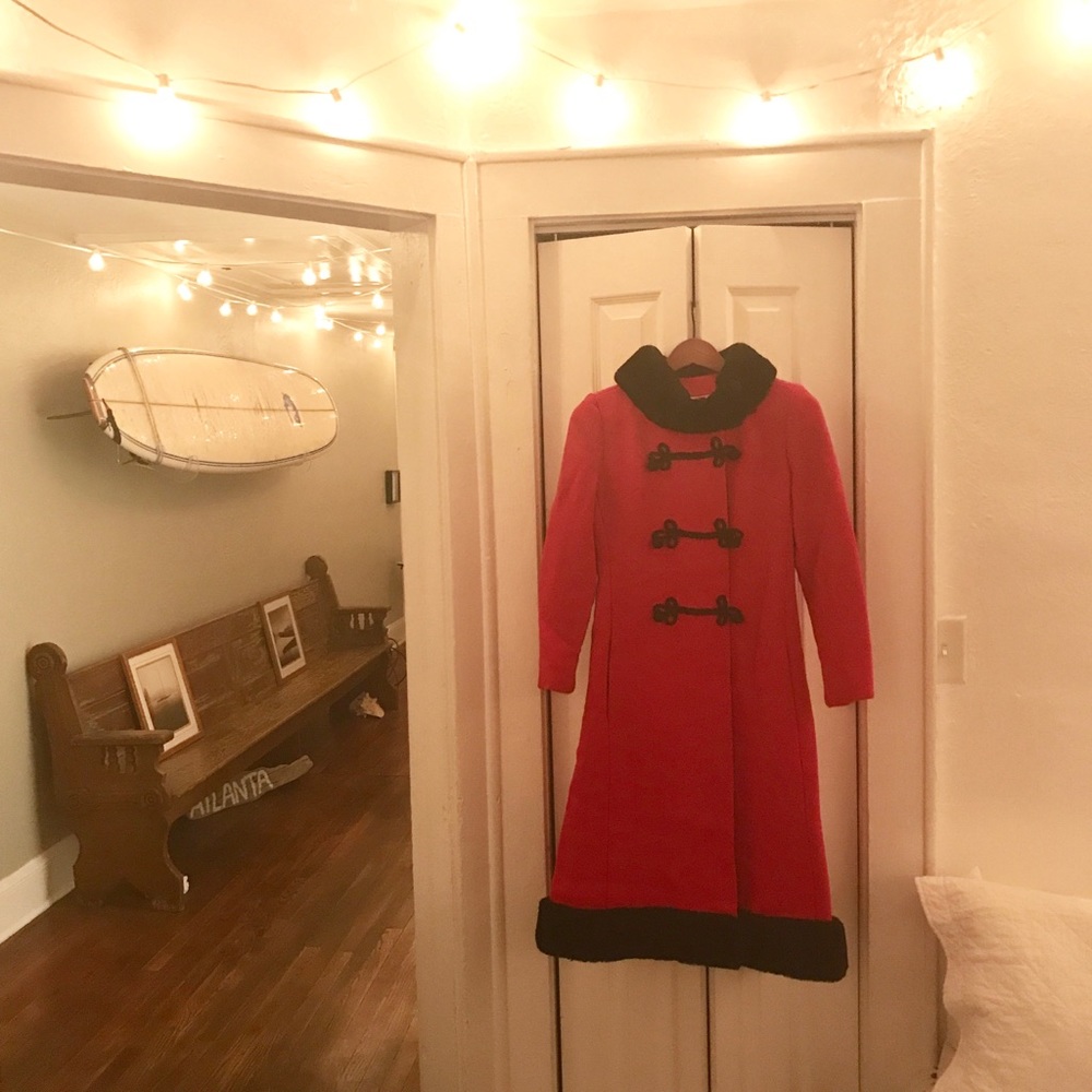 Lovely Red 100% Wool w/ Black Faux Fur Winter Coat